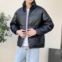 轻熟风韩版冬季男士修身棉衣外套潮男纯色立领PU皮面包服加厚棉服