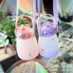 Cross-border Amazon large belly cup colorful spray fat cup gradient color trending sport plastic straw cup with carrying strap