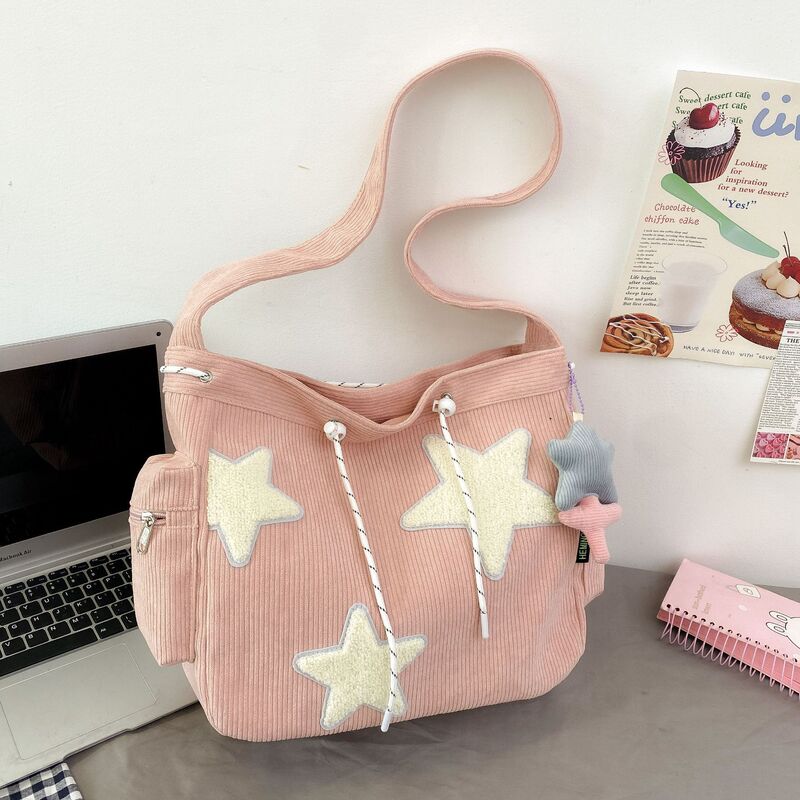 Cross-Border Women's Bag New Style Niche Cute Star Student Large Capacity Commuter Tote Bag Corduroy Shoulder Crossbody Bag Cross-Border Women's Bag New Style Niche Cute Star Student Large Capacity Commuter Tote Bag Corduroy Shoulder Crossbody Bag