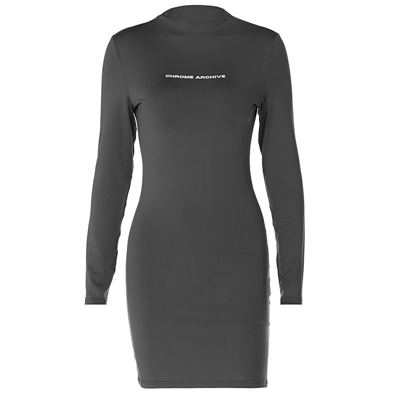 Fashion Letter Round Neck Long Sleeve Printing Spandex Polyester Dresses Knee-Length Sheath Dress