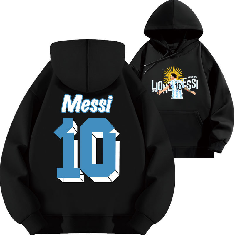 Messi Argentina No. 10 Printed Hooded Sweatshirt Top Football Loose Autumn and Winter Velvet Thickeneded Hoodie Clothes