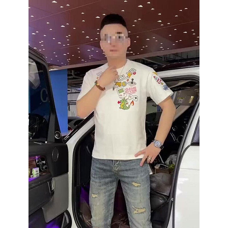 Summer Men's New Full Embroidery Pixel-Style Short-Sleeve T-Shirt, Casual Loose Trendy Niche Half-Sleeve Top