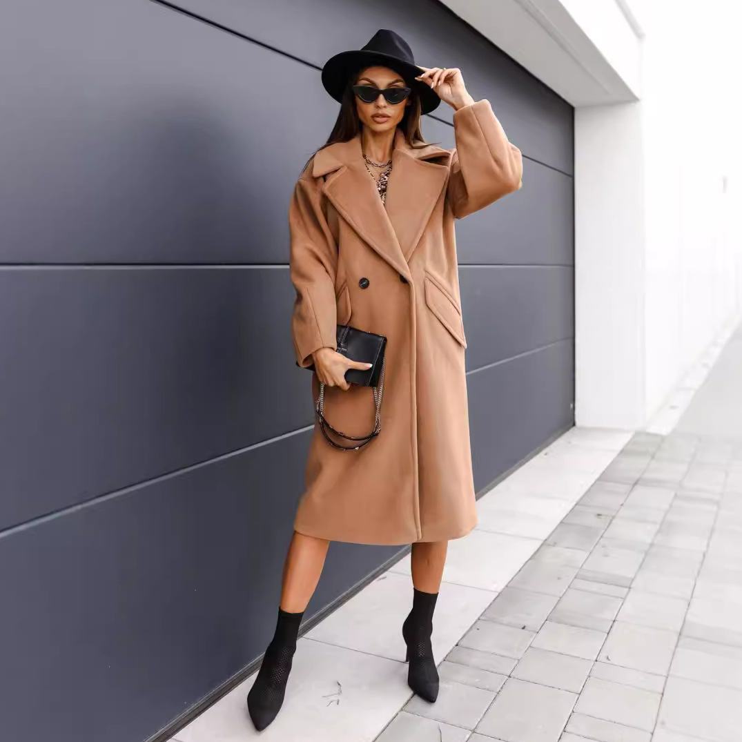 Damenbekleidung Damen langer Windbreaker Anzugkragen Zweireiher langer Winter Wollmantel Damenbekleidung_voghion.com