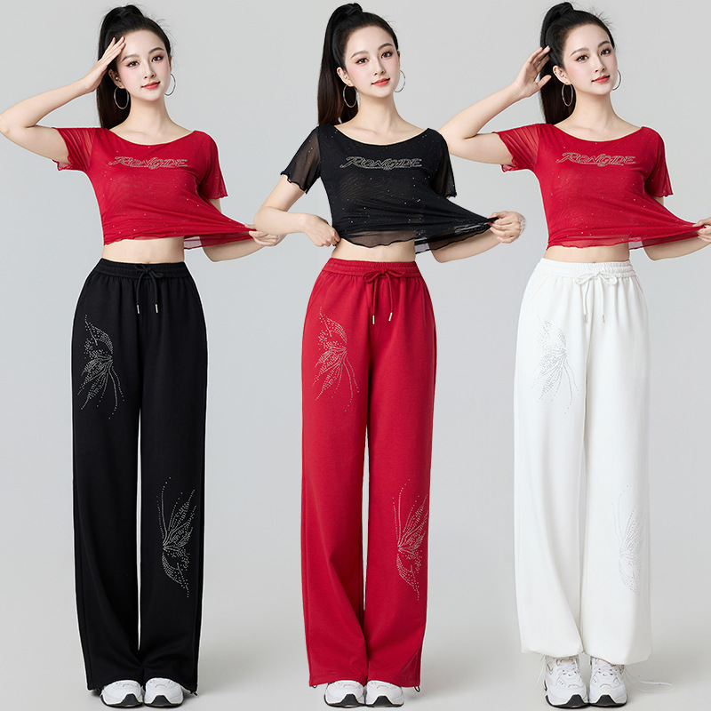 2026 New Women's Round Neck Top for Spring and Autumn, Mesh Soft and Slightly Sheer, Draped Silky Short Sleeve with Rhinestone Embellishments, Fashionable Outfit