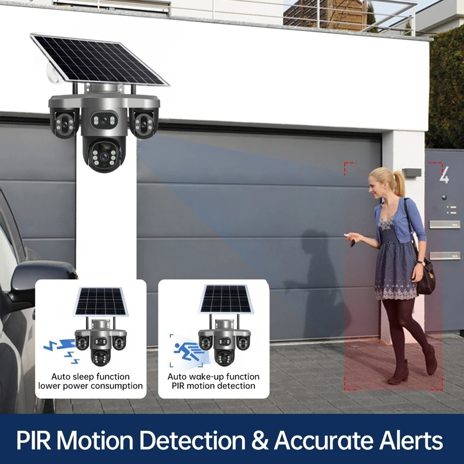 三摄像头三镜头三目太阳能监控摄像头三云台旋转4G低功耗防水无