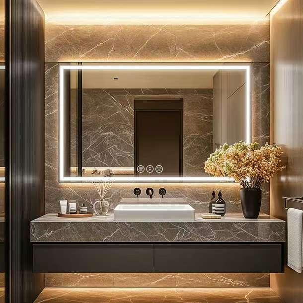 Espejo inteligente LED desfogado espejo de baño personalizado del apartamento del hotel LED gabinete de baño espejo de plata HD espejo cuadrado