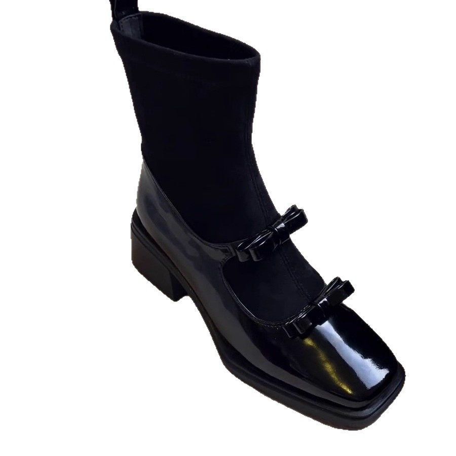 Weiche Lederversion ~ Quadratische Zehenpartie, Retro-Schleife, elastischer, schmaler Patchwork-Mary-Jane-Socken-Stiefel mit klobigem Absatz für schlankmachende Figur_voghion.com