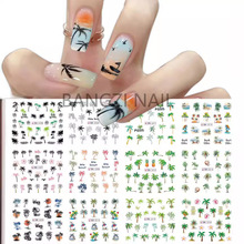 跨境新款美甲水印贴纸夏季海岛落日椰子树植物叶子大张水印指甲贴