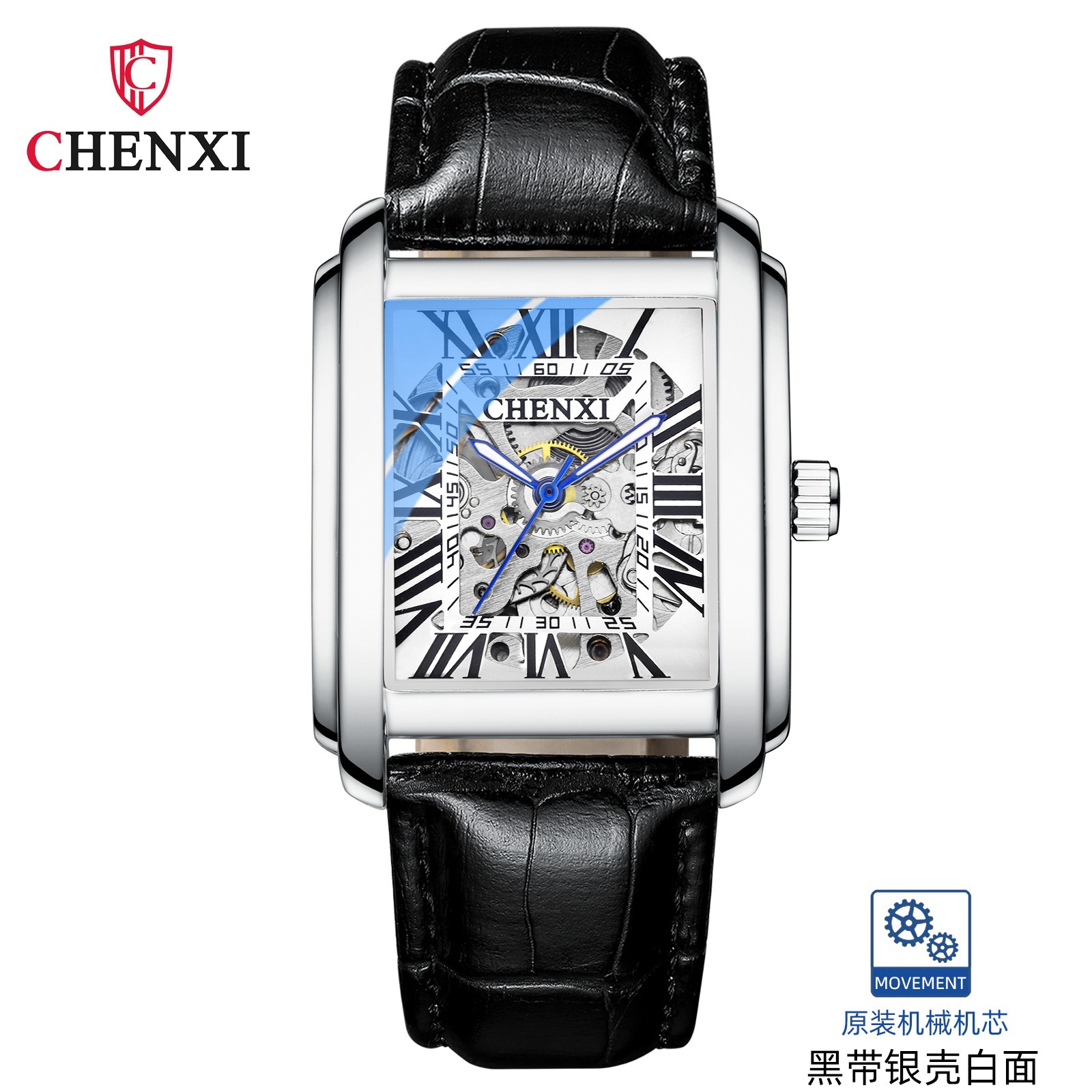 CHENXI reloj mecánico automático de los hombres Correa cuadrada hueco transparente inferior casual reloj 8816