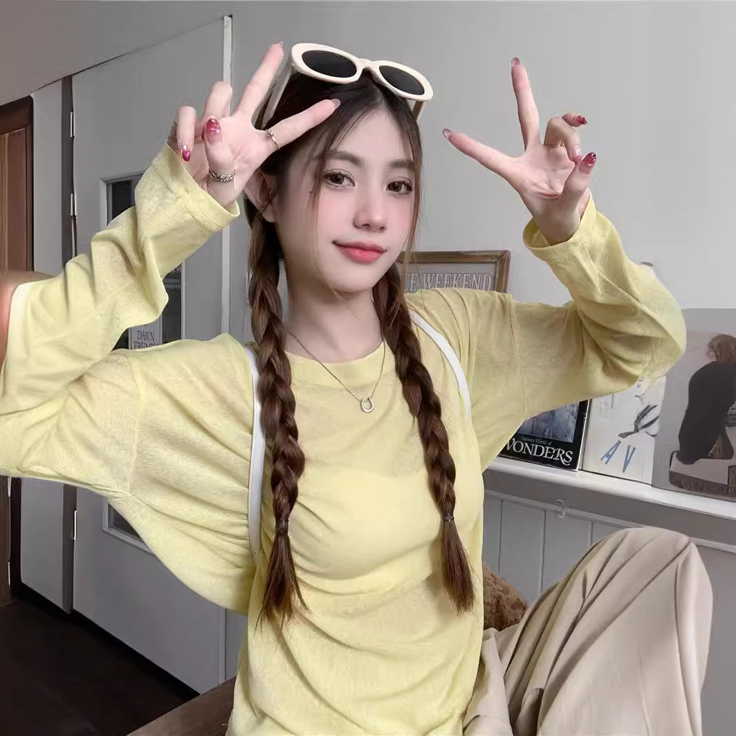 First-hand source sun protection knitted long-sleeved T-shirt for women, summer versatile loose thin air-conditioned cardigan casual inner top