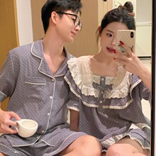 韩版ins情侣睡衣重工蕾丝宽松软绵双纱短袖夏季家居服套装连衣裙