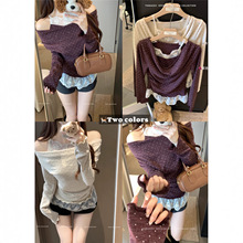 实拍 2025韩国东大门女装新款薄款木耳边撞色假两件波点针织衫女