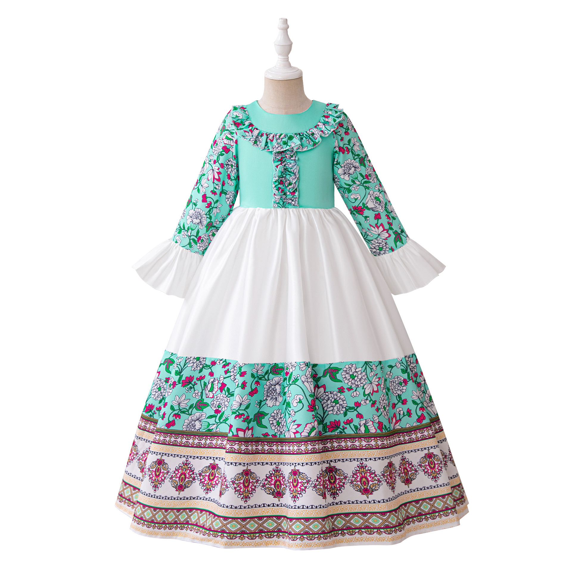 Nuevo cross-border cuatro lados estampado vestido de niños Amazon siete mangas niñas vestido de princesa de flores