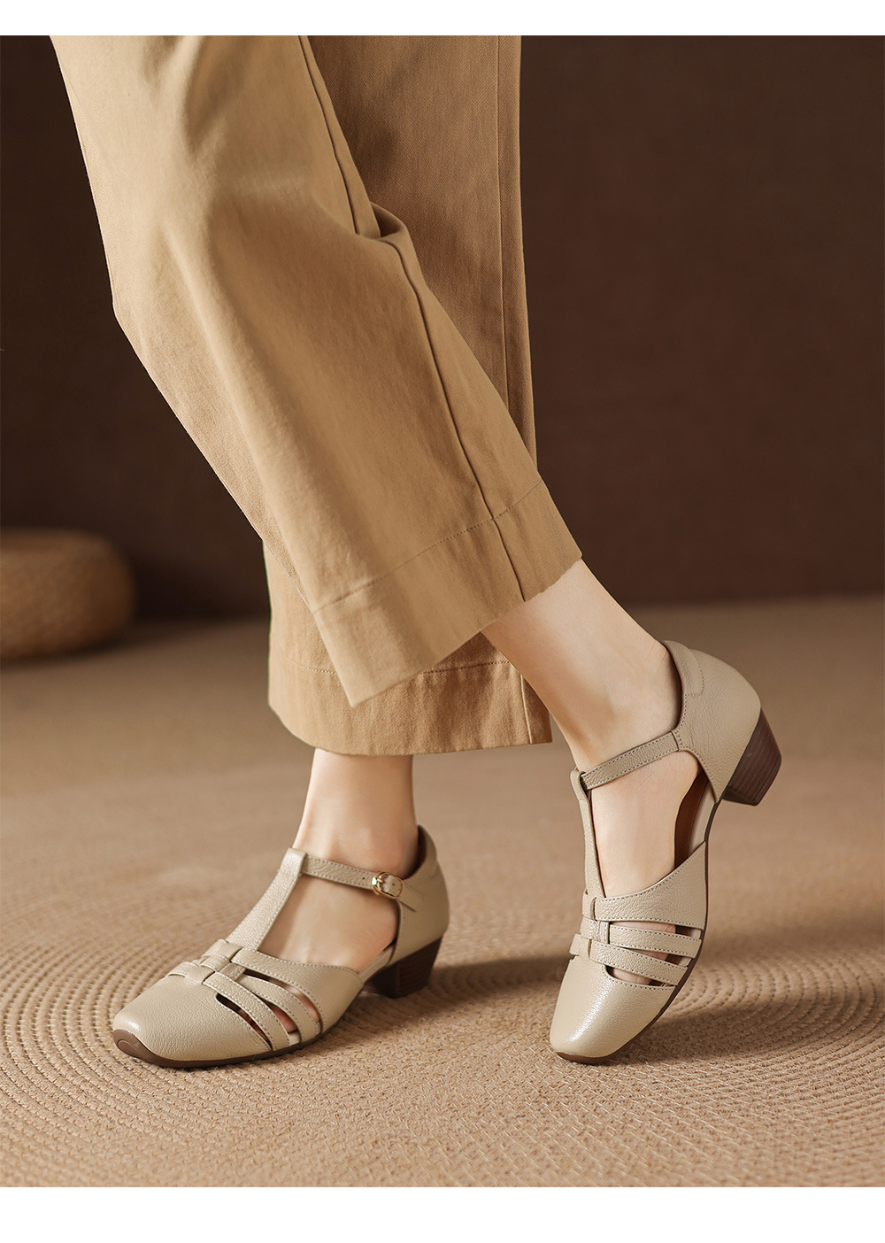 Sandal nữ da cừu dệt bao đầu mũi vuông gót dày 3.5cm quai ngang kiểu La Mã — màu trắng ngà chi tiết 8