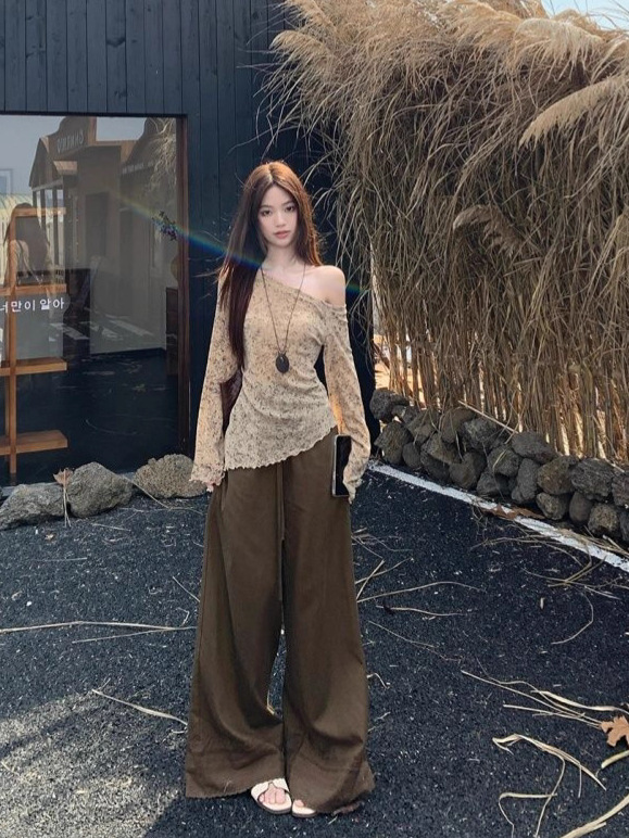 不规则复古晕染斜肩长袖针织T恤女秋季喇叭袖修身打底衫显瘦上衣|undefined