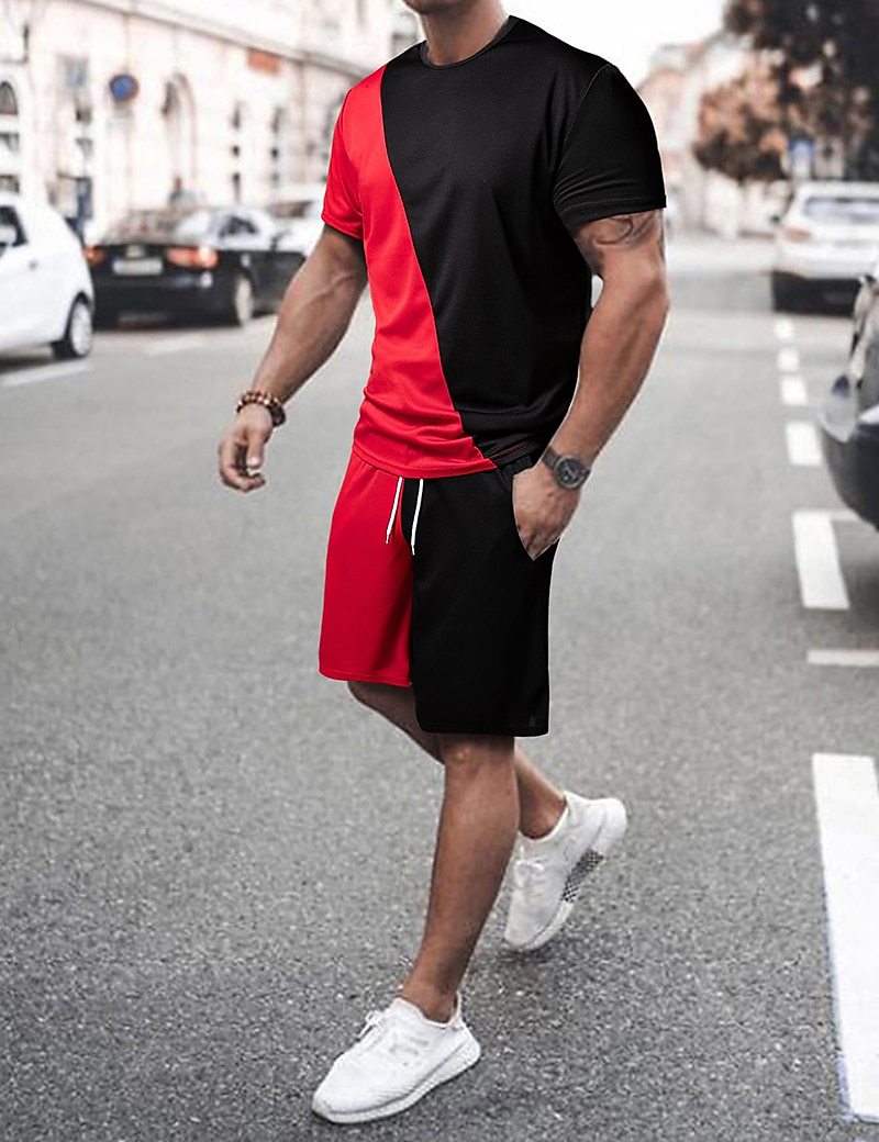 Comercio exterior europeo y americano verano nuevo estilo moda hombre simple impresión 3D a juego de color camiseta de manga corta traje de 2 piezas para hombre al por mayor