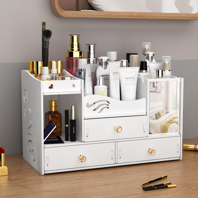 Desktop cosmetic storage box, home multi-layer jewelry box, drawer-style with mirror, dust-proof, large capacity makeup box
