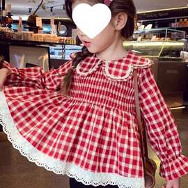 女童衬衫秋装2026新款韩系儿童格子衬衣小女孩娃娃衫长袖宽松上衣