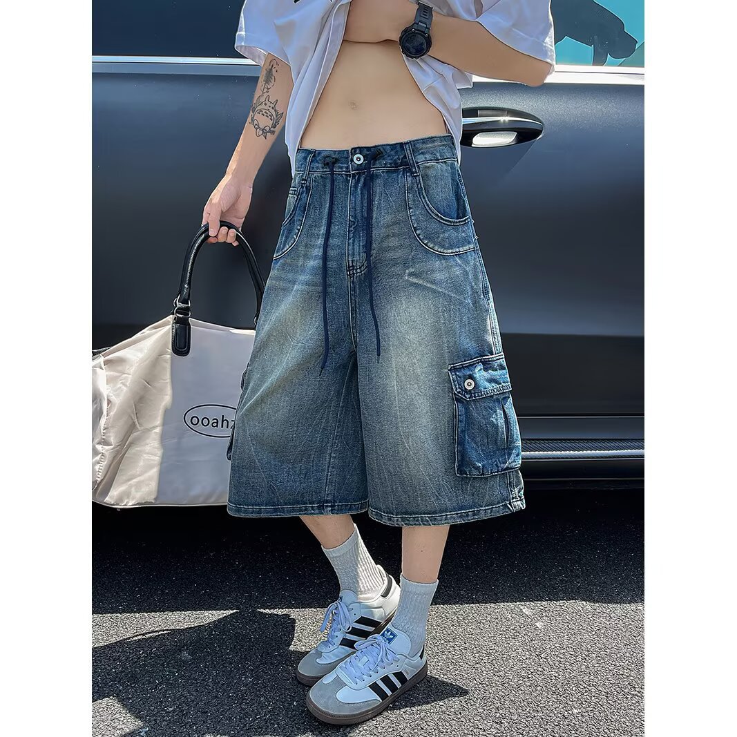2025新款美式水洗裂纹多口袋牛仔七分裤男夏季宽松直筒工装短裤潮