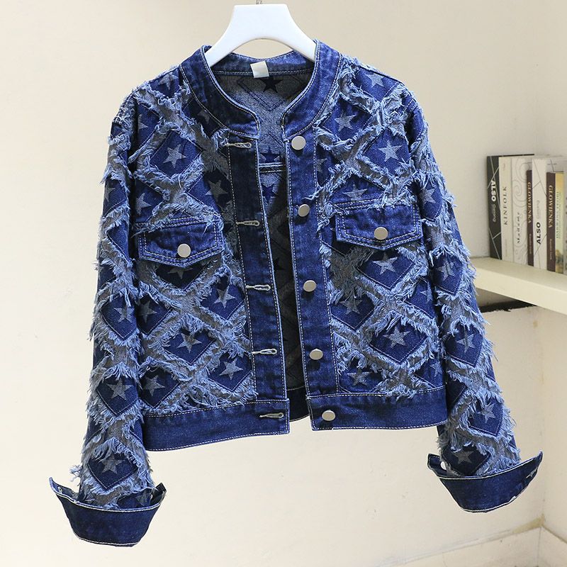 European Heavy-Duty Round-Neck Denim Jacket for Women 2025 Autum New Niche Loose Short Design Jacket Top