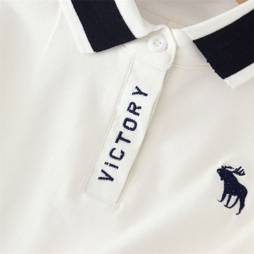 T073-Embroidered deer POLO shirt with puff sleeves for outer wear, niche style stand-up collar denim thin style small and fresh