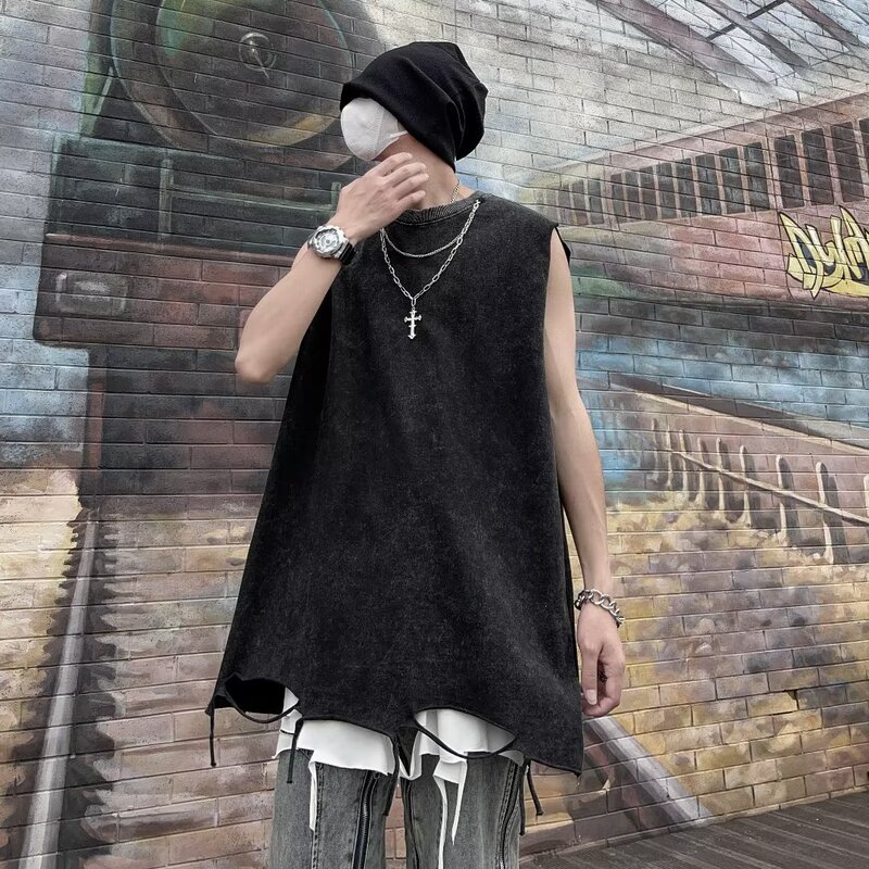 American retro round neck sleeveless vest men's summer loose casual washed cotton waistcoat T-shirt top a generation of hair