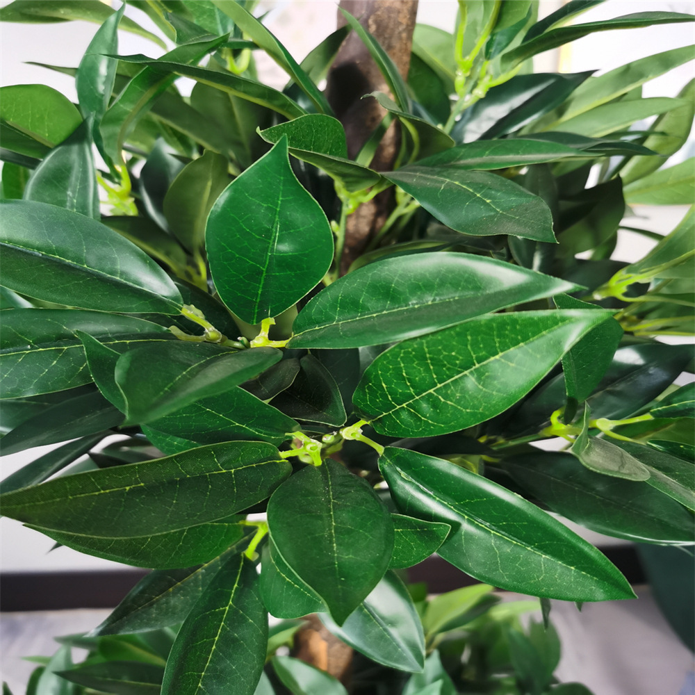 Modelo caliente transfronterizo simulación de laurel pequeño árbol en maceta al por mayor poste de madera maciza artificial paisaje de laurel árbol falso decoración oficina