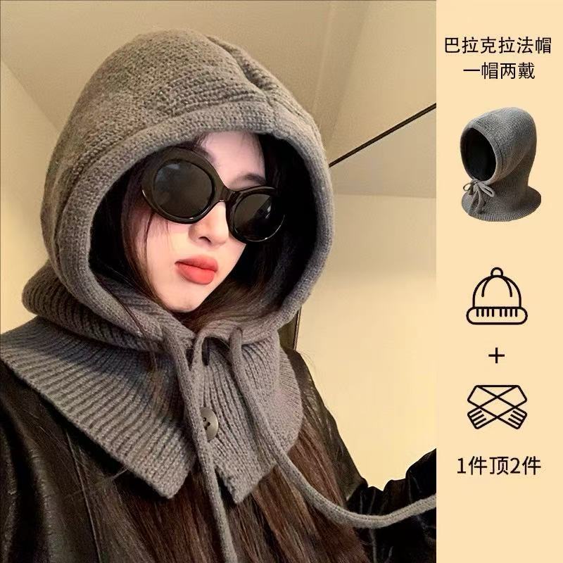 Korean Versatile Winter Balaclava Hat Knitted Pullover Hat Warm Hooded Scarf Hat Beanie Hat