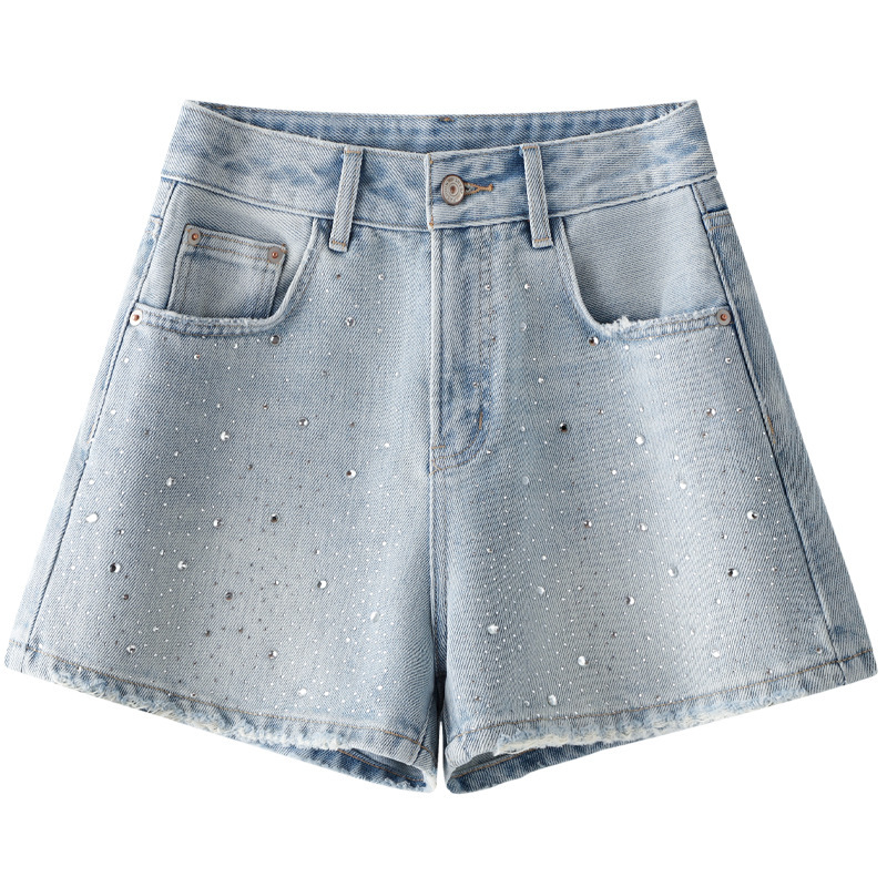light blue Hot Drilling Denim Shorts Women's 2025 New Summer Thin High Waist Slimming Loose Hot Pants