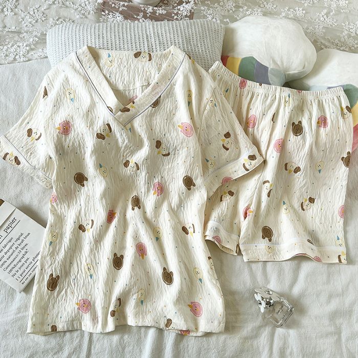 Venta al por mayor transfronteriza de nuevo estilo con cuello en V nube de algodón de verano de manga corta con cuello redondo suéter bordado dulce y simple pijama ropa de hogar para mujer