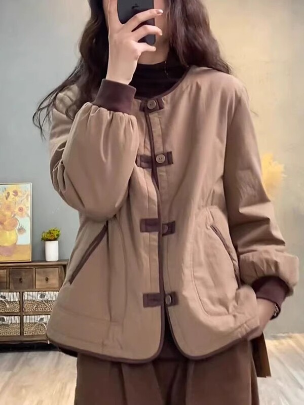 Big Brand Label Cutting Brand Lightweight Cotton Jacket Women's Winter Short Casual Contrast Color Button Thickened Cotton-padded Jacket Warm Cotton-padded Coat