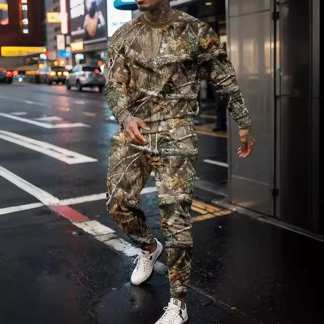 Новейшие ретро мужчины 3D ветка дерева узор толстовка брюки с круглым вырезом спортивный костюм повседневный открытый набор