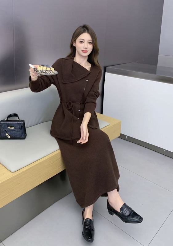秋冬新款设计感慵懒风套装女宽松系带针织衫上衣＋半身裙两件套|undefined