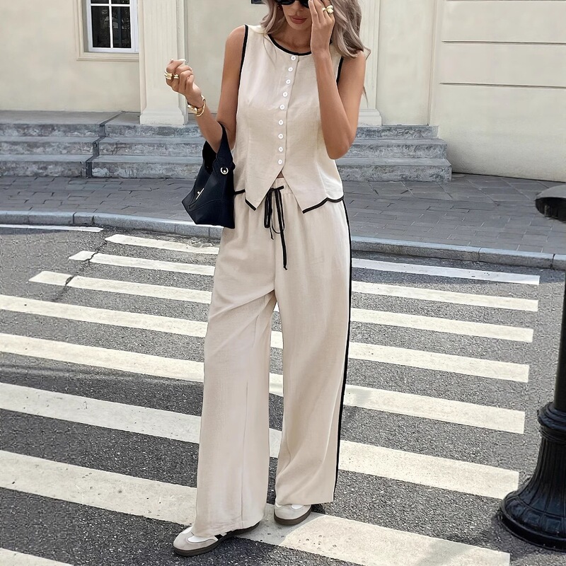 In Stock: Summer Cross-Border Foreign Trade European and American Size Women's Color-Block Sleeveless Single-Breasted Vest and Drawstring Long Pants Set In Stock: Summer Cross-Border Foreign Trade European and American Size Women's Color-Block Sleeveless Single-Breasted Vest and Drawstring Long Pants Set