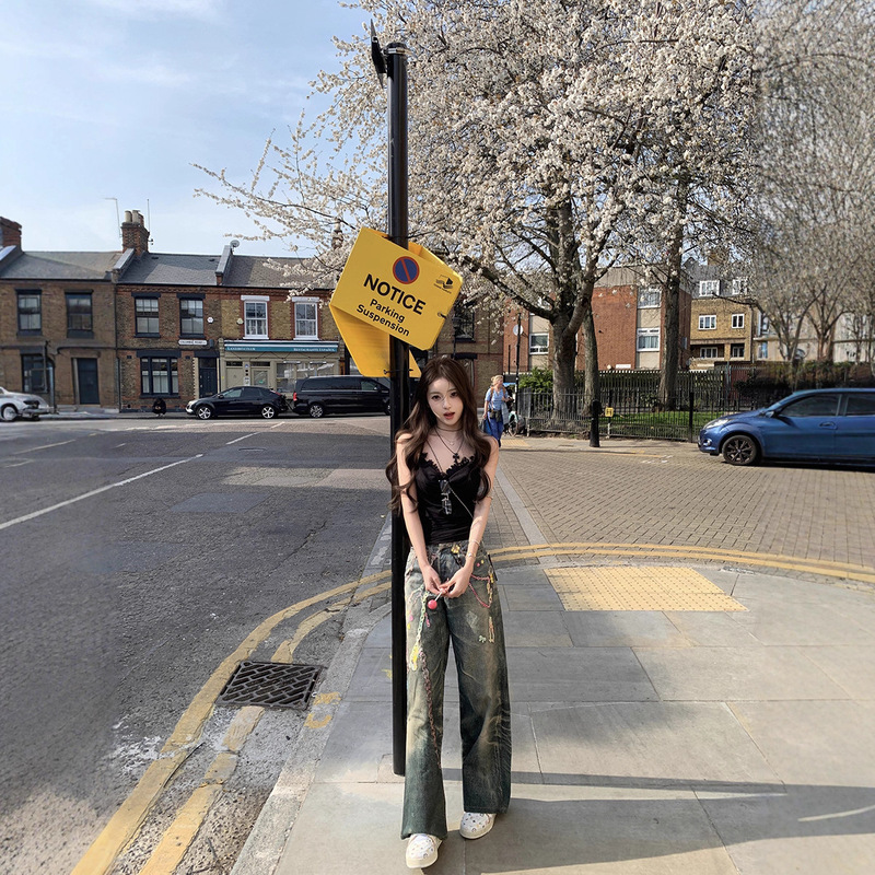 Seoul Haute Couture Jennie Style Candy Chain 3D Printed Jeans for Women Loose Trendy Scimitar Wide Leg Pants