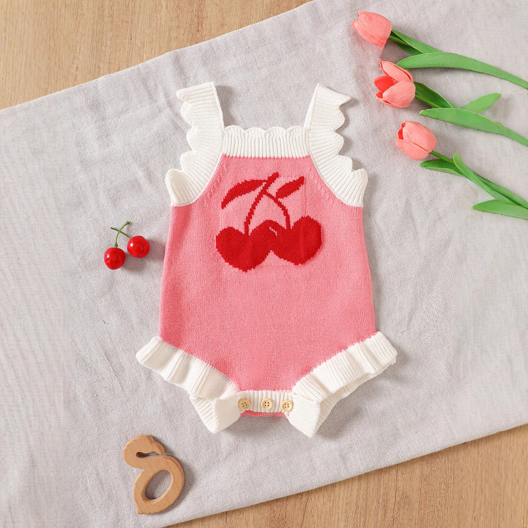 Girls' Suspender Triangle Romper with Cartoon Strawberry Embroidery Sweater, Sweet Infant and Toddler Clothing