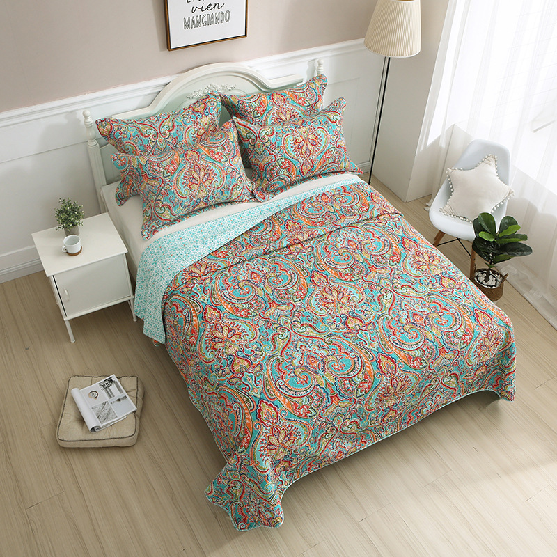 Couette en coton délavé à fleurs de style américain, couette en coton pur, housse de lit pastorale, ensemble de trois pièces, couette imprimée d'été fraîche et respirante avec climatisation_voghion.com