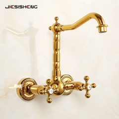 Antique Copper Wall-Mounted Hot and Cold Bathroom Faucet with Dual Handles for Home Use, Suitable for Balcony Sink