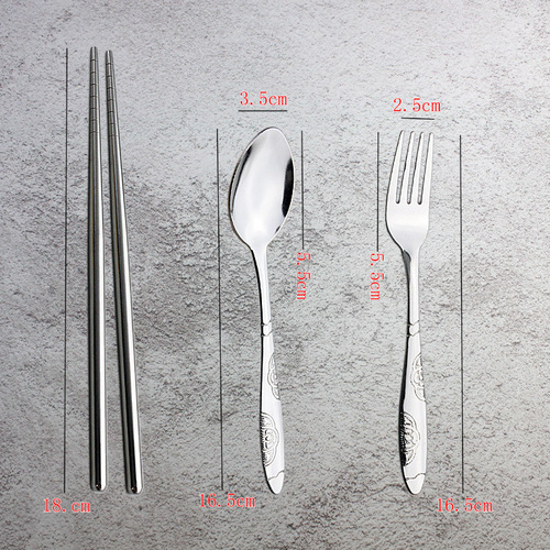 Stainless steel portable cutlery set including fork, spoon, and chopsticks, three-piece set for students, gift set available with logo printing