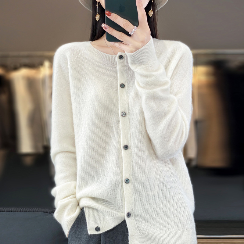 秋装新商品100% 純ウールカーディガン女性セーターコート一線成衣ゆるい長袖ニット上着薄い|undefined