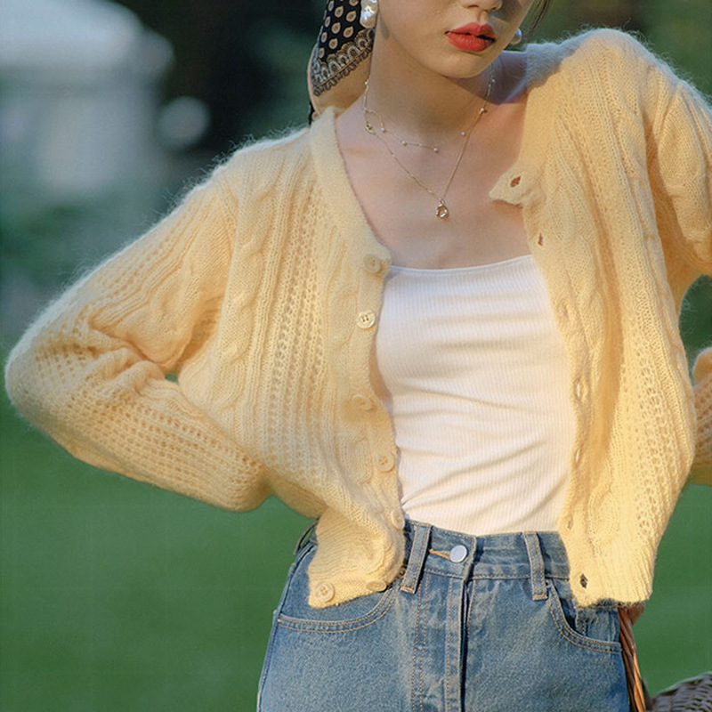 2024 New Shawl Summer Outerwear Gentle Knitted Jacket Yellow Mohair Short Cardigan Women's Thin Style 2024 New Shawl Summer Outerwear Gentle Knitted Jacket Yellow Mohair Short Cardigan Women's Thin Style