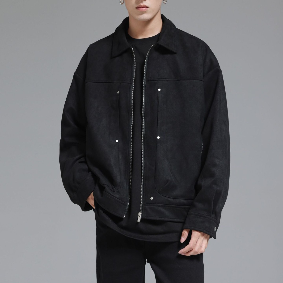 Cremallera básica abrigo hombres Otoño e Invierno Suede ropa herramientas americano 2023 nueva chaqueta de solapa superior moda