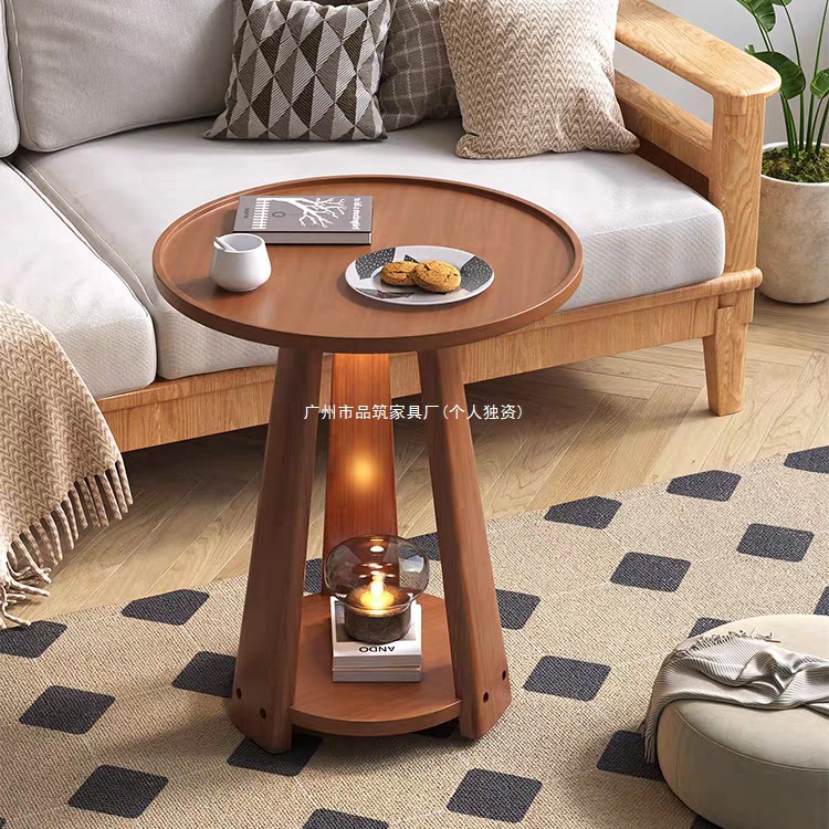 Nordic Simple Sofa Side Table for Living Room Double-Layer Small Round Table Solid Wood Coffee Table Movable Bedroom Small Coffee Table