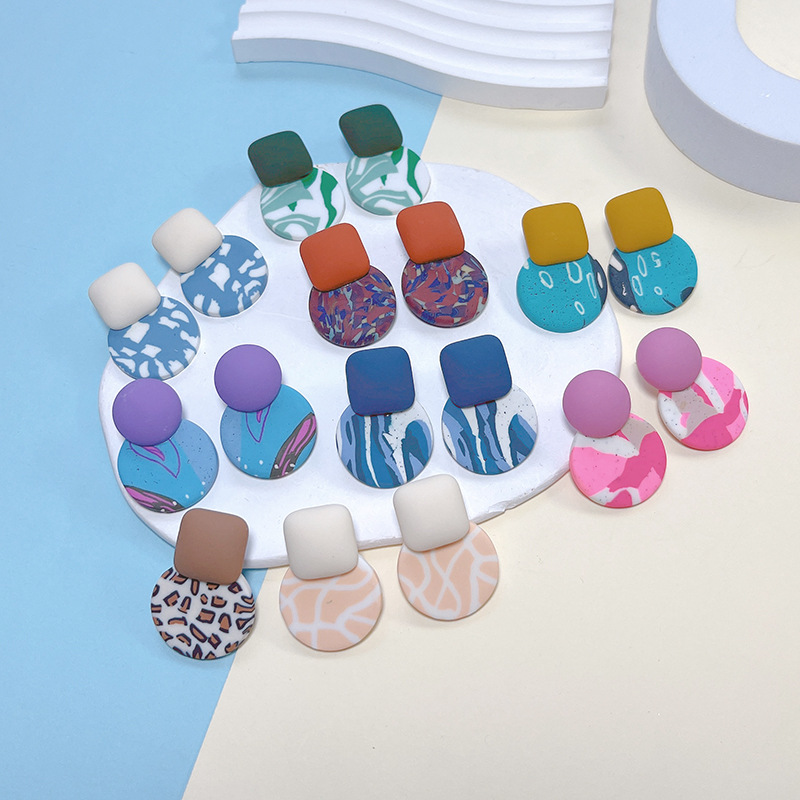 13g Weight 1 Pair Lady Simple Style Round Color Block Leopard Soft Clay Earrings