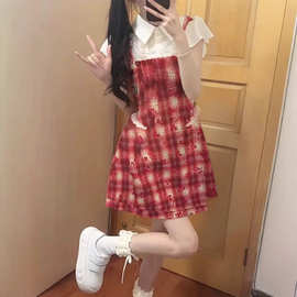 法式学院风红色格子连衣裙子女夏季2025新款小个子假两件气质短裙