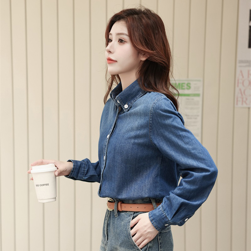 빈티지 블루 데님 셔츠 여자의 가을 2024 새로운 캐주얼 통근 우아한 올 매치 탑