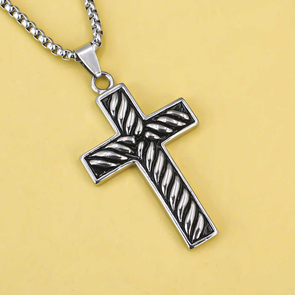 Edelstahl Anhänger Halskette Mit Gestreiftem Kreuz Für Damen_voghion.com