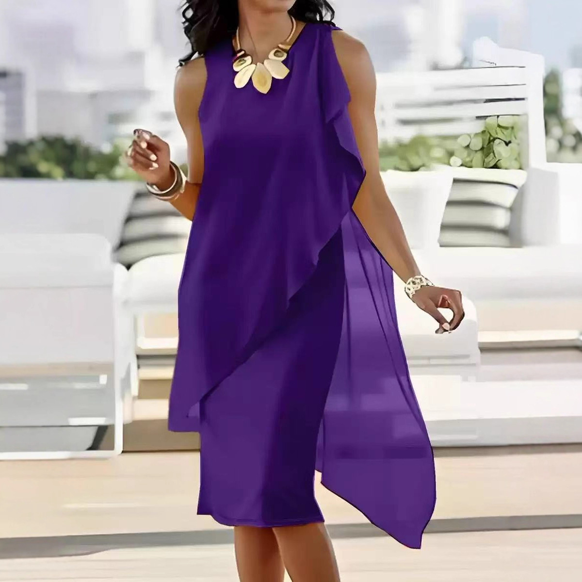 2026 European and American Cross-Border Amazon Independent Site Summer Fashion Elegant Irregular Chiffon Sleeveless Dress