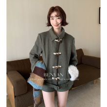 BENYAN本言 冬法式复古羊毛拼接牛角扣小个子毛呢夹克外套女82651
