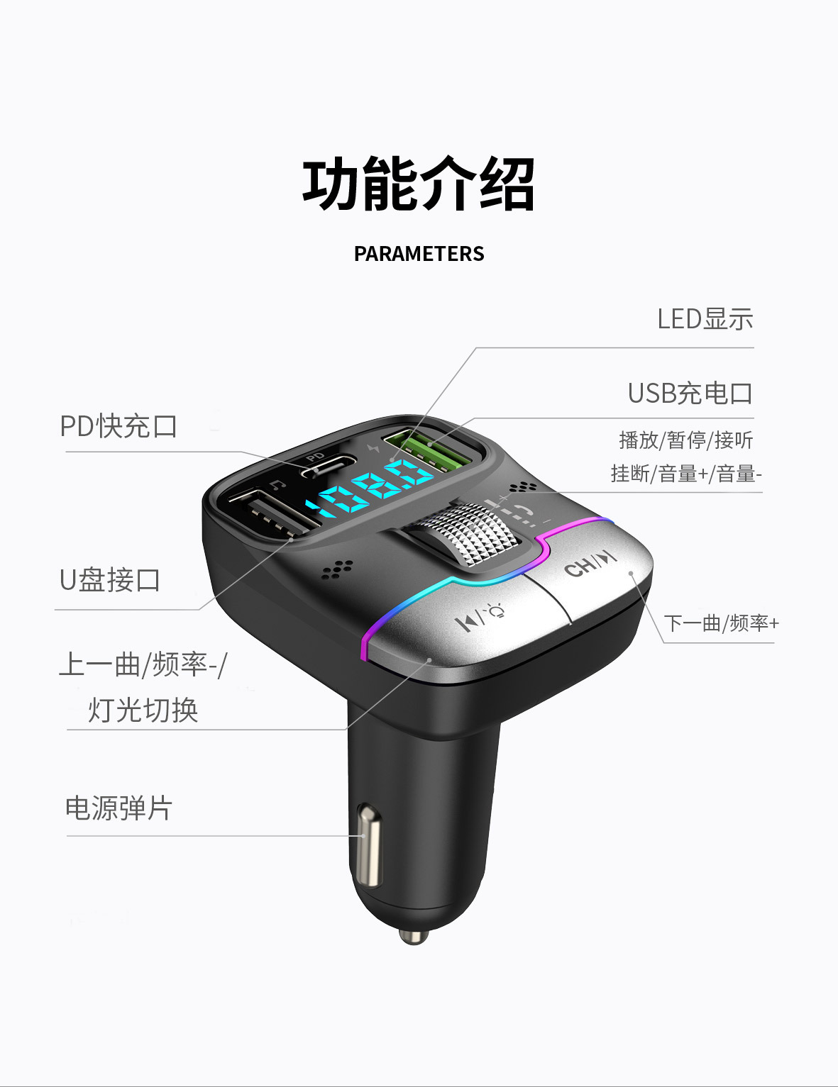 Car Bluetooth 5.3 FM Transmitter with Multi-port Fast Charging, Sliding Adjustment, LCD Screen, Car MP3 Receiver